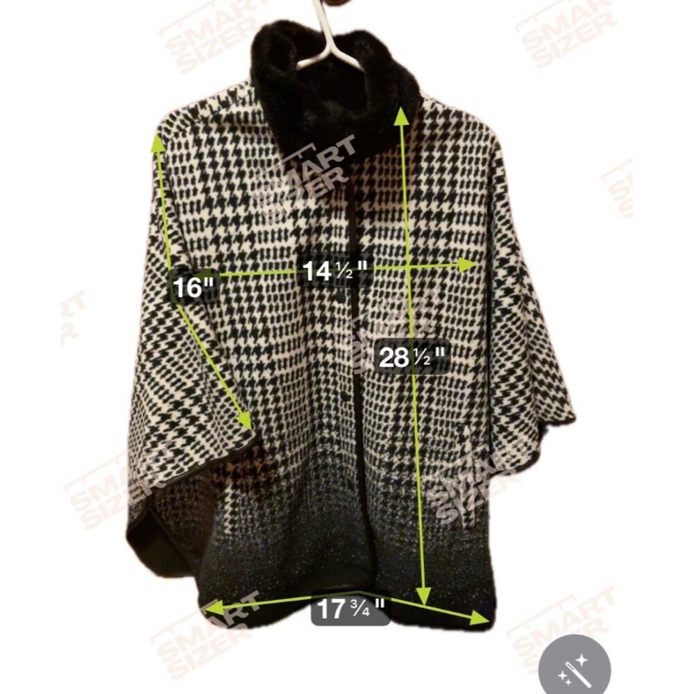Marina Luna Cape Coat Size L/XL Houndstooth Black & White Faux Fur Collar Snaps - Picture 11 of 11